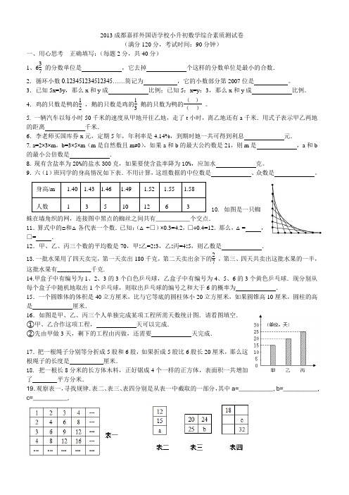 2013嘉祥外国语学校小升初数学综合素质及参考答案