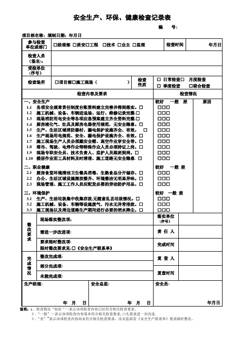 施工现场、项目部安全生产、环保、健康检查记录表