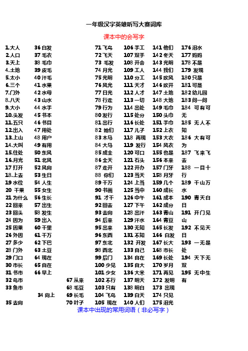 一年级汉字听写大赛词库