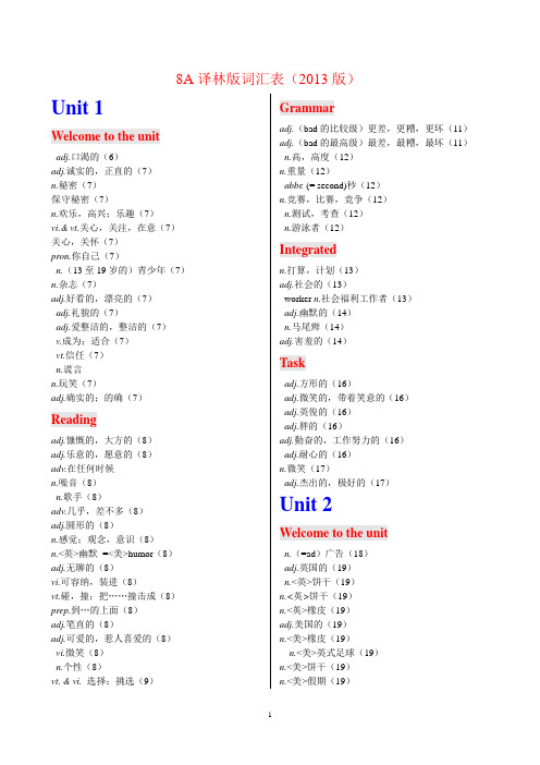 【精选】8A译林版词汇表 中文