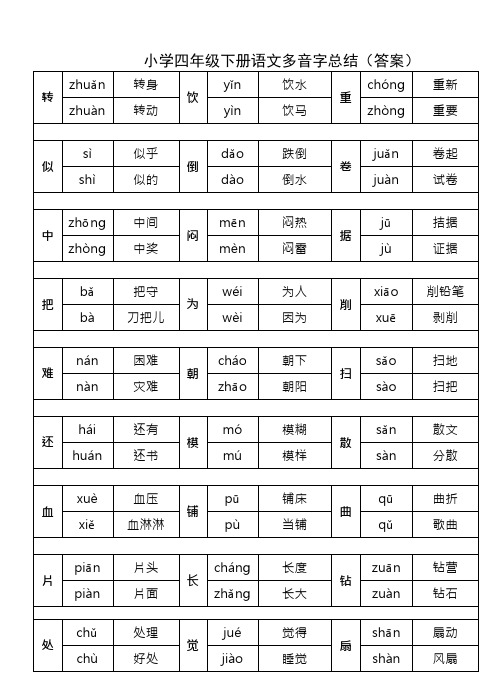 小学四年级下册语文多音字总结答案