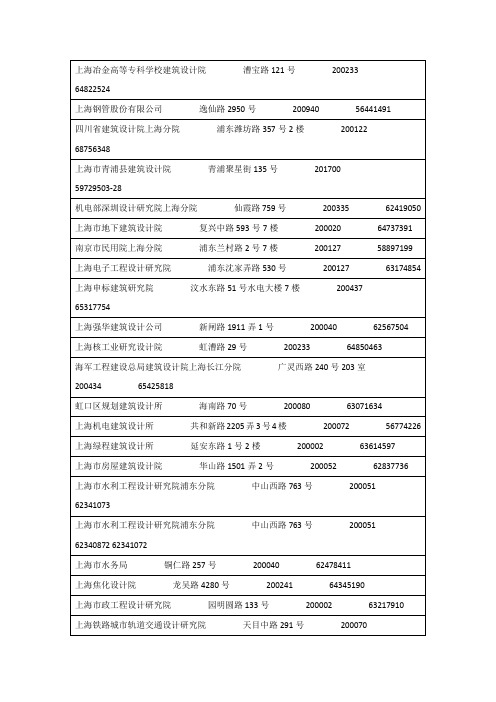 【上海市勘察设计单位通讯录】