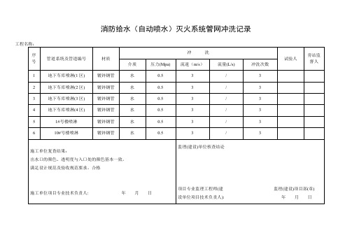 消防给水(自动喷水)灭火系统管网冲洗记录