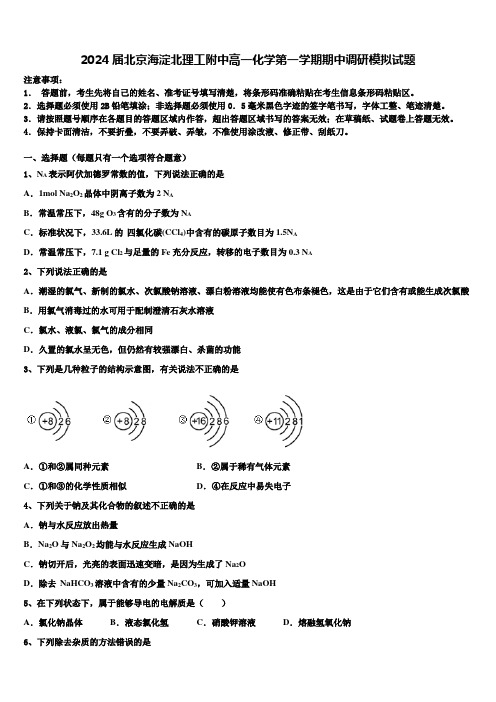 2024届北京海淀北理工附中高一化学第一学期期中调研模拟试题含解析