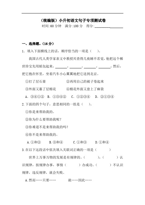 六年级下册语文试题-小升初句子专项测试卷 (含答案)人教统编版·