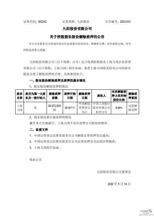 九阳股份：关于控股股东股份解除质押的公告