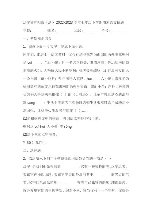 辽宁省沈阳市于洪区2022-2023学年七年级下学期期末语文试题(含答案)