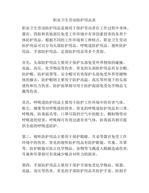 职业卫生劳动防护用品表