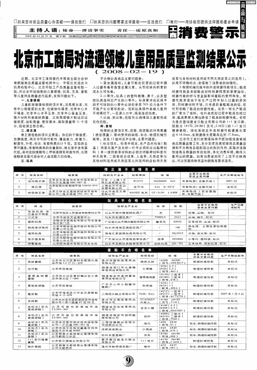 北京市工商局对流通领域儿童用品质量监测结果公示