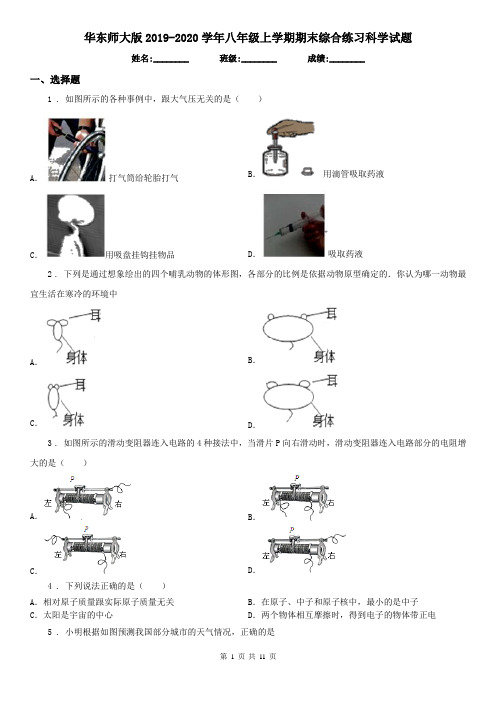 华东师大版2019-2020学年八年级上学期期末综合练习科学试题