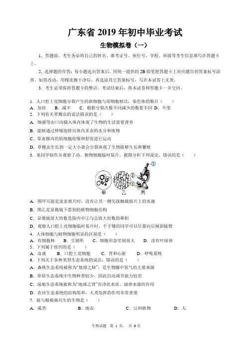 广东省2019年初中毕业生考试生物试题(一)