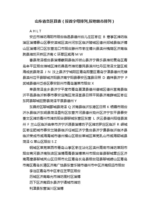 山东省各区县表（按首字母排列,按地级市排列）