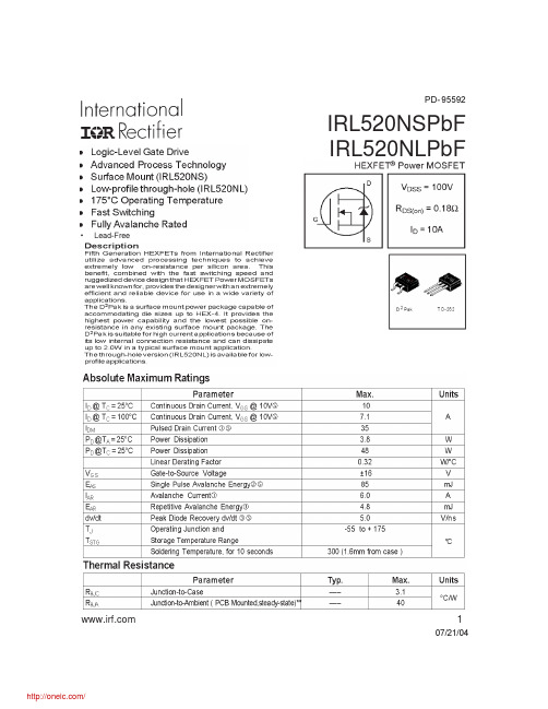 IRL520NSPBF;IRL520NLPBF;IRL520NSTRLPBF;中文规格书,Datasheet资料