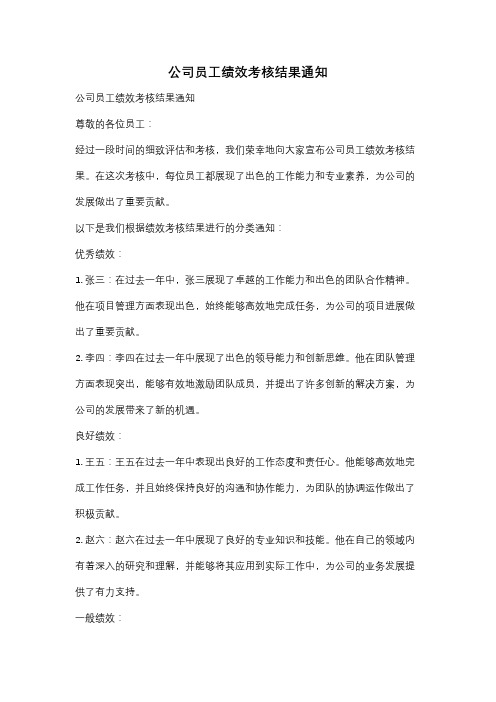 公司员工绩效考核结果通知