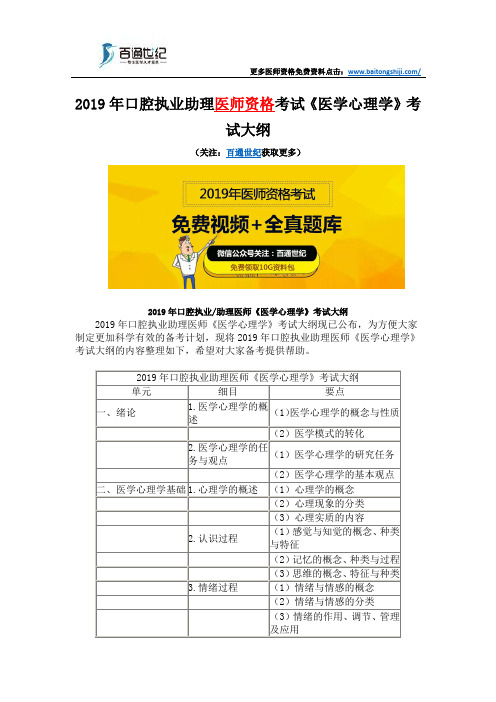 2019年口腔执业助理医师资格考试《医学心理学》考试大纲