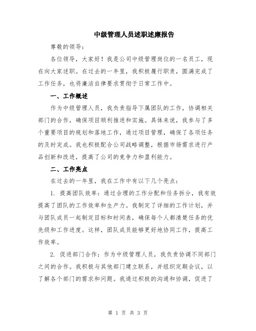 中级管理人员述职述廉报告