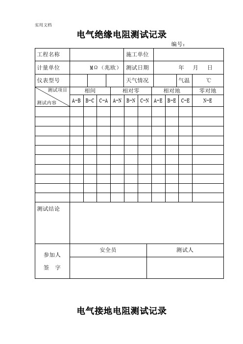 电气绝缘电阻、接地电阻测试记录表1