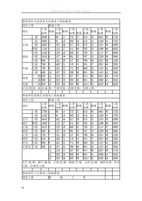 事业单位专业技术人员基本工资标准表