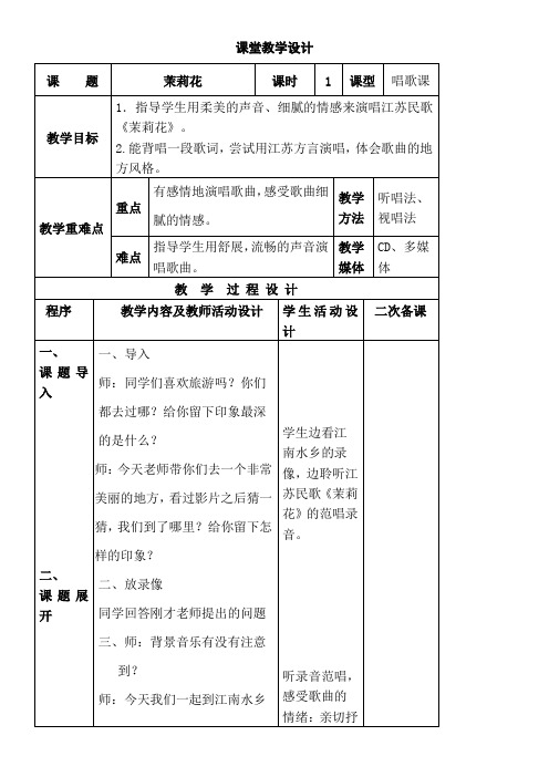 小学音乐人音六年级上册第课 芬芳茉莉《茉莉花》教学设计