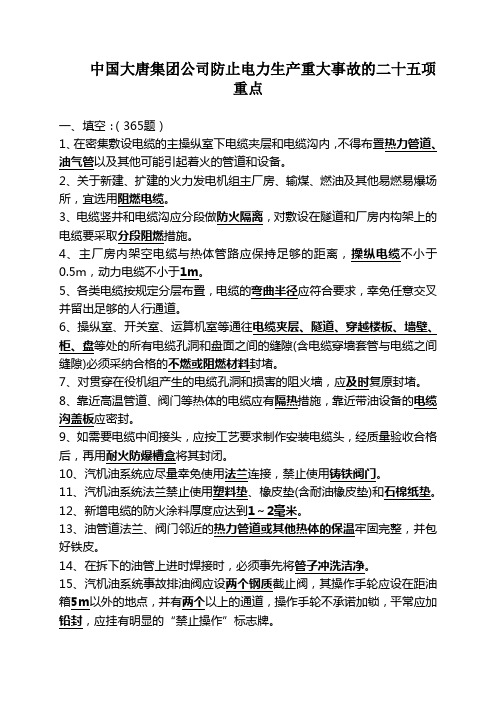 中国大唐集团公司防止电力生产重大事故的二十五项重点