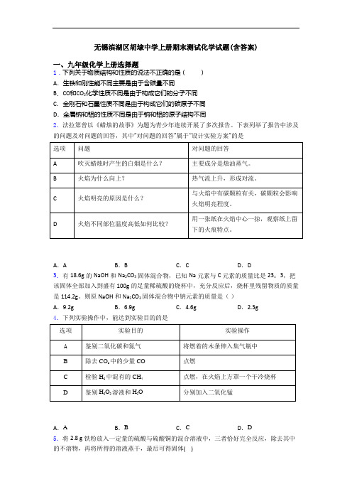 无锡滨湖区胡埭中学初三化学上册期末测试化学试题(含答案)