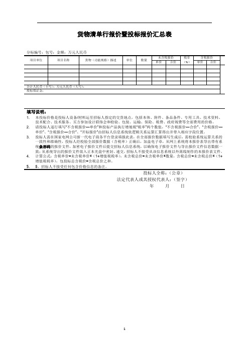 货物清单行报价暨投标报价汇总表