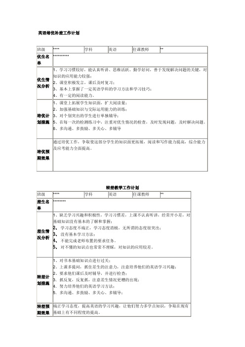 英语培优补差计划样表