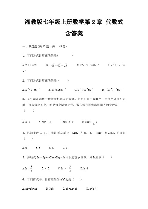 湘教版七年级上册数学第2章 代数式含答案