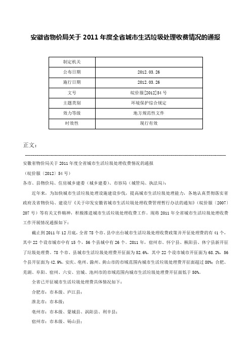 安徽省物价局关于2011年度全省城市生活垃圾处理收费情况的通报-皖价服[2012]54号