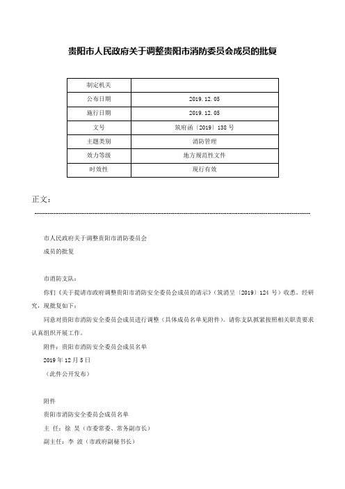 贵阳市人民政府关于调整贵阳市消防委员会成员的批复-筑府函〔2019〕138号