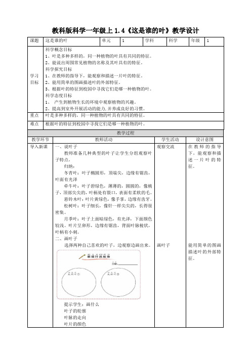 编教科版小学一年级科学上册《这是谁的叶》教案