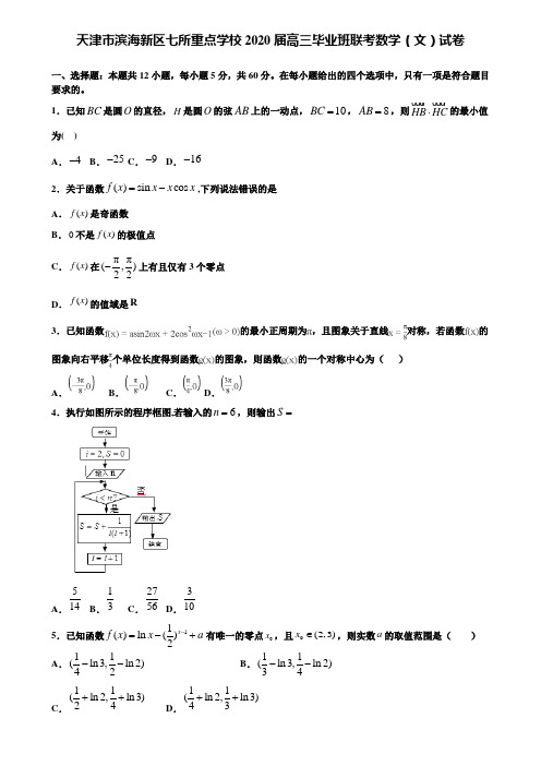 【附加15套高考模拟试卷】天津市滨海新区七所重点学校2020届高三毕业班联考数学(文)试卷含答案