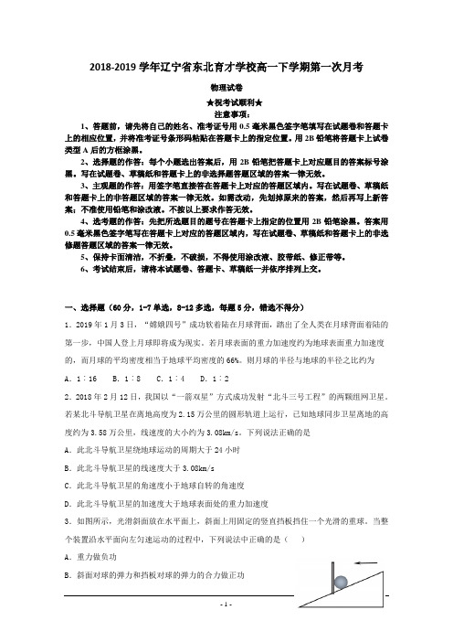 2018-2019学年辽宁省东北育才学校高一下学期第一次月考物理试题