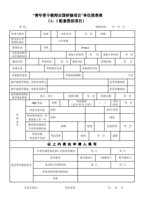 “青年骨干教师出国研修项目”单位推荐表