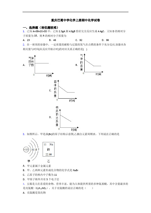 重庆巴蜀中学化学初三化学上册期中化学试卷