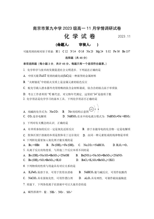 南京市第九中学2023-2024学年上学期高一11月期中化学试卷(含答案)