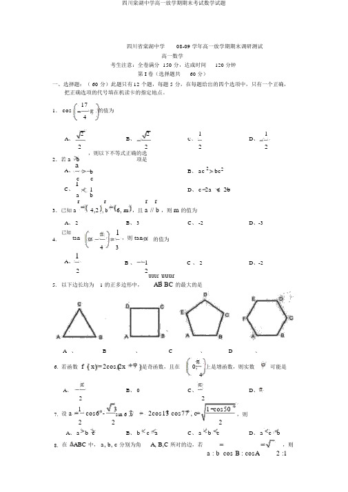 四川棠湖中学高一下学期期末考试数学试题