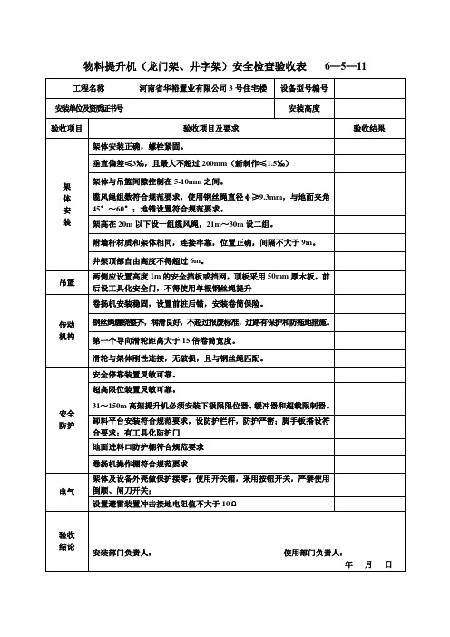 物料提升机(龙门架、井字架)安全检查验收表