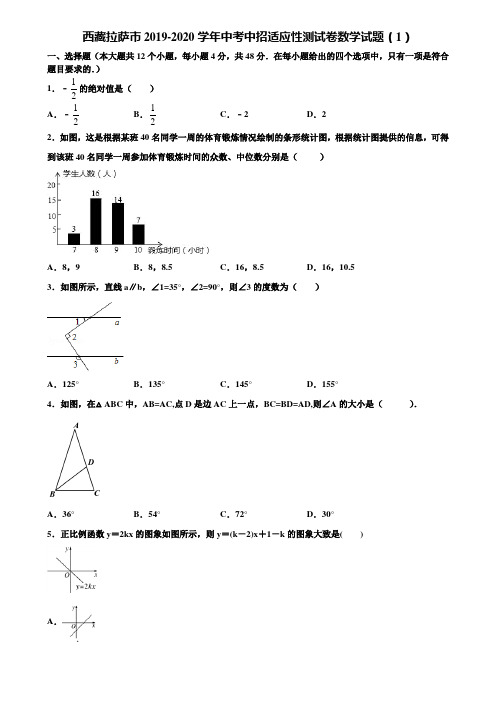 西藏拉萨市2019-2020学年中考中招适应性测试卷数学试题(1)含解析