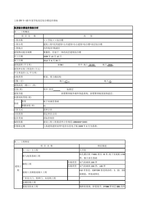 上海0910年某学院高层综合楼造价指标