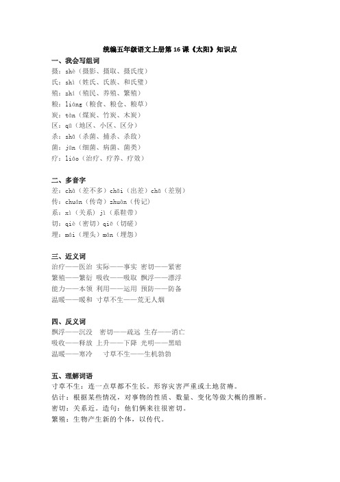 部编版五年级语文上册第16课《太阳》知识点汇总