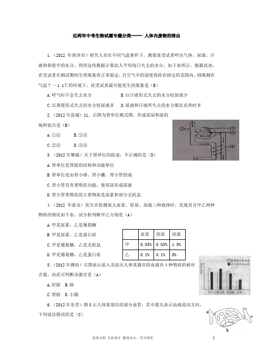 中考生物试题分考点汇编-----人体内废物的排出