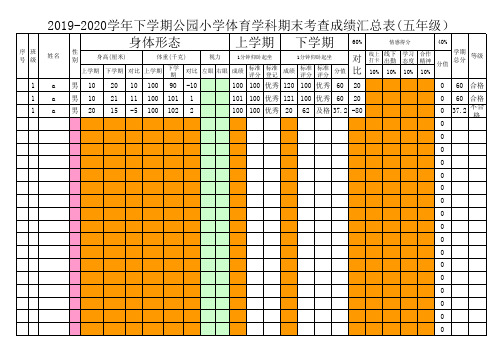 2019-2020下体育学科期末考查成绩汇总表(五年级)