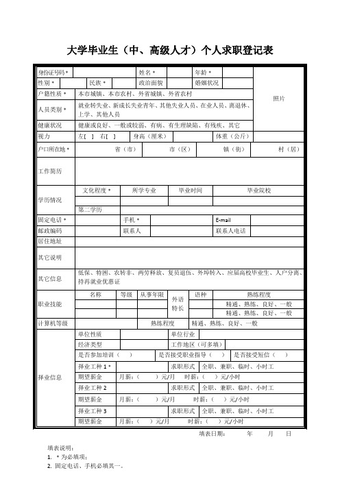 大学毕业生(中、高级人才)个人求职登记表