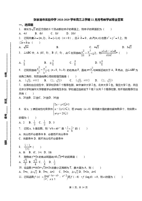 张家港市实验中学2018-2019学年高三上学期11月月考数学试卷含答案