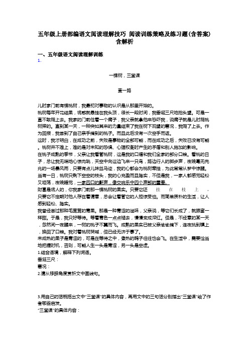 五年级上册部编语文阅读理解技巧 阅读训练策略及练习题(含答案)含解析