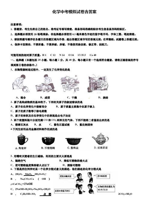 湖北省武汉新洲区五校联考2019年中考化学《10套试卷合集》六月一模拟试卷