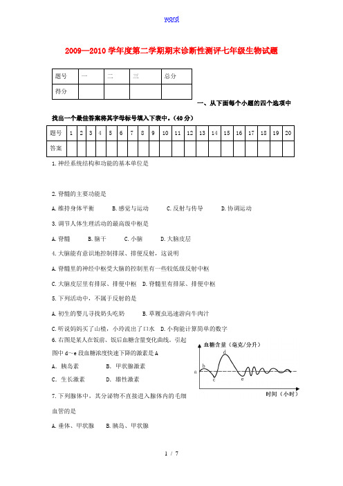 2009—2010学年度七年级生物第二学期期末诊断性测评试题