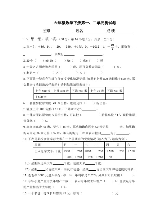 2016-2017学年度第二学期人教版六年级数学下册 第一、二单元试卷