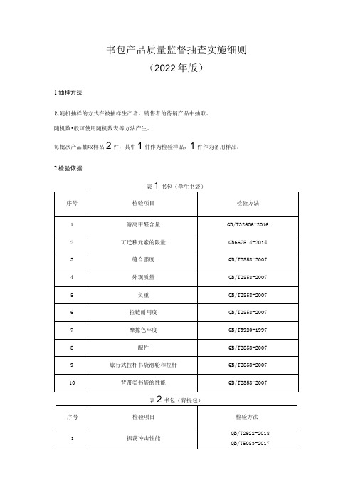 书包产品质量监督抽查实施细则(2022版)